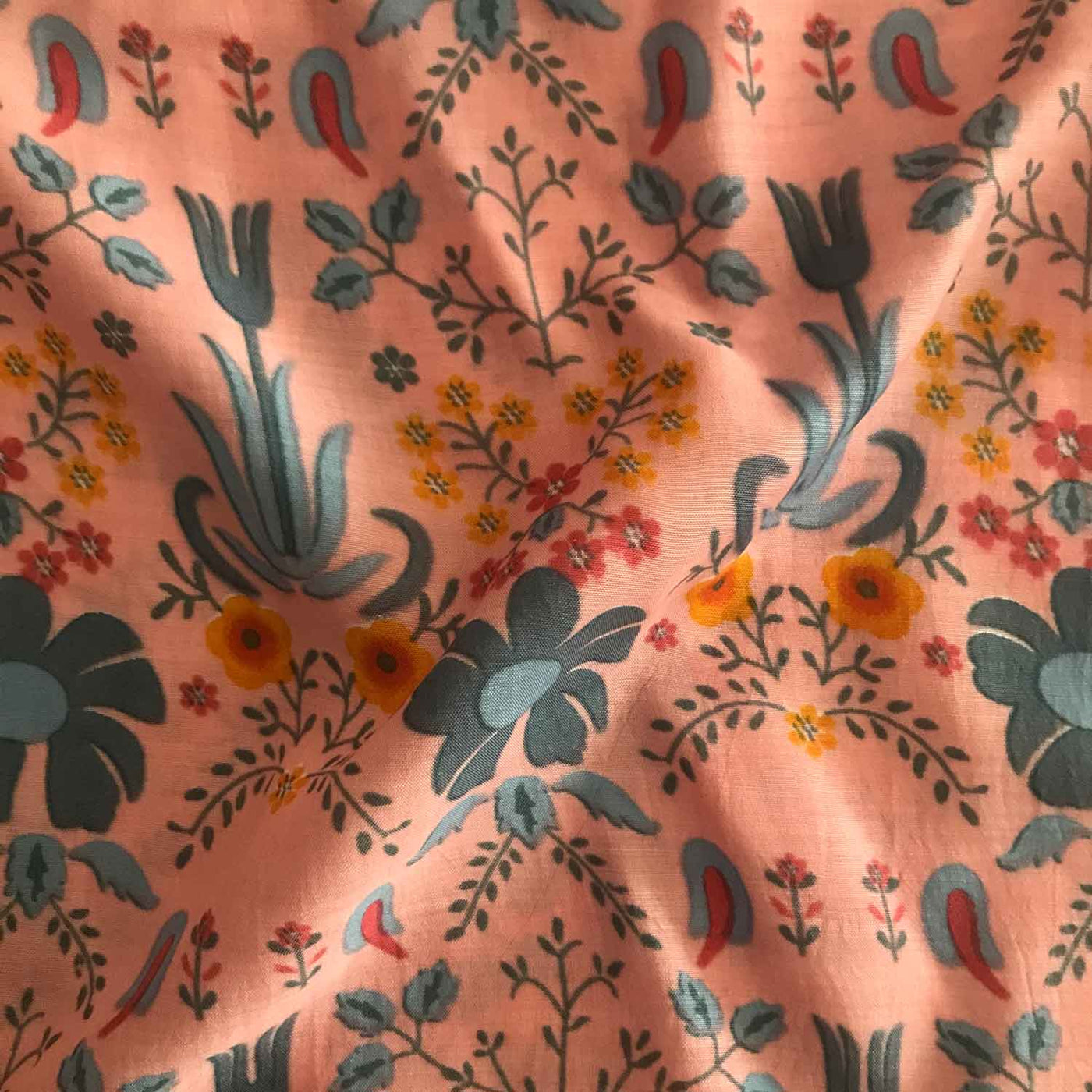 peach-multicolour-flowers-viscose-muslin-fabric