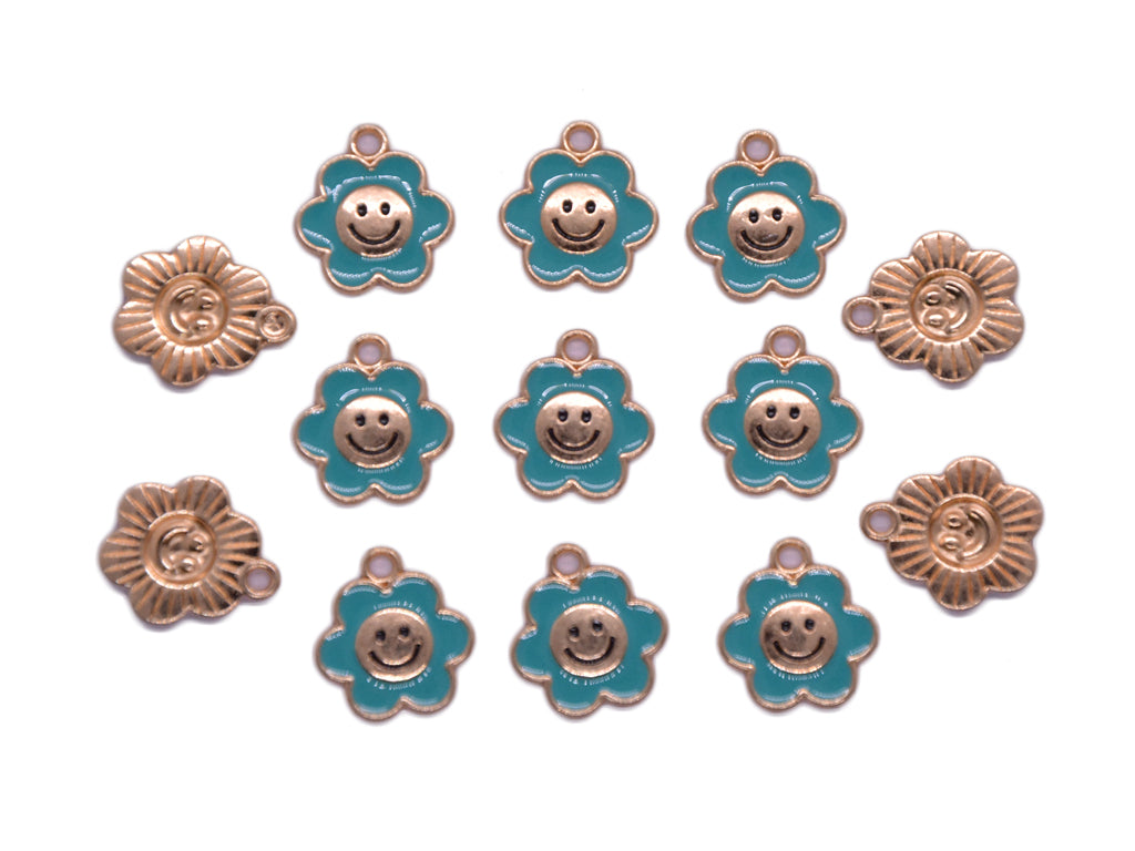 Turquoise Flower Shaped Smiley Enamel Charms