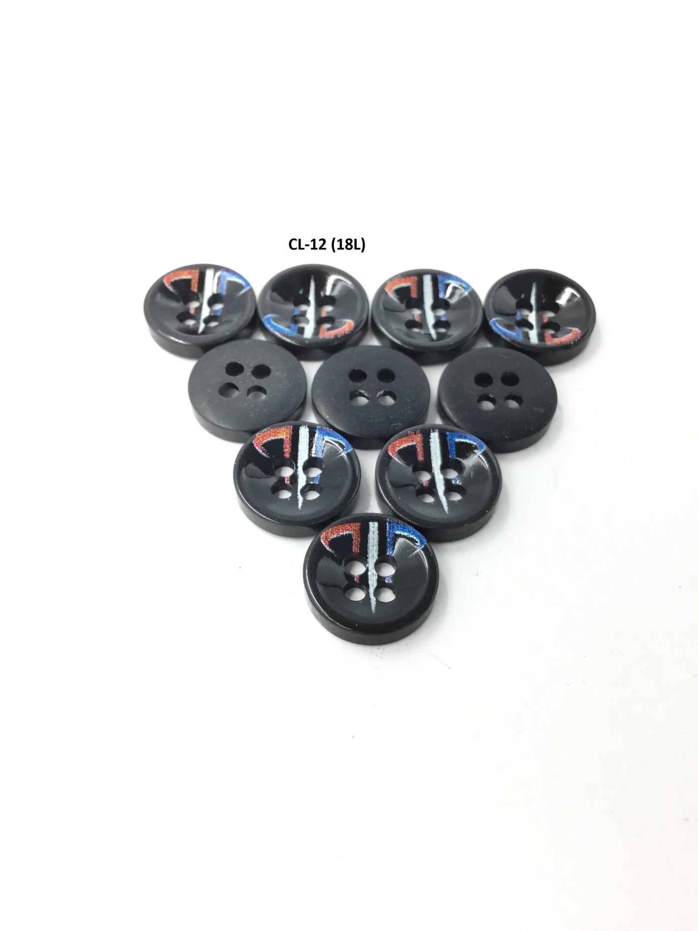 Black Circular Plastic Shirt Buttons with Red and Blue Design