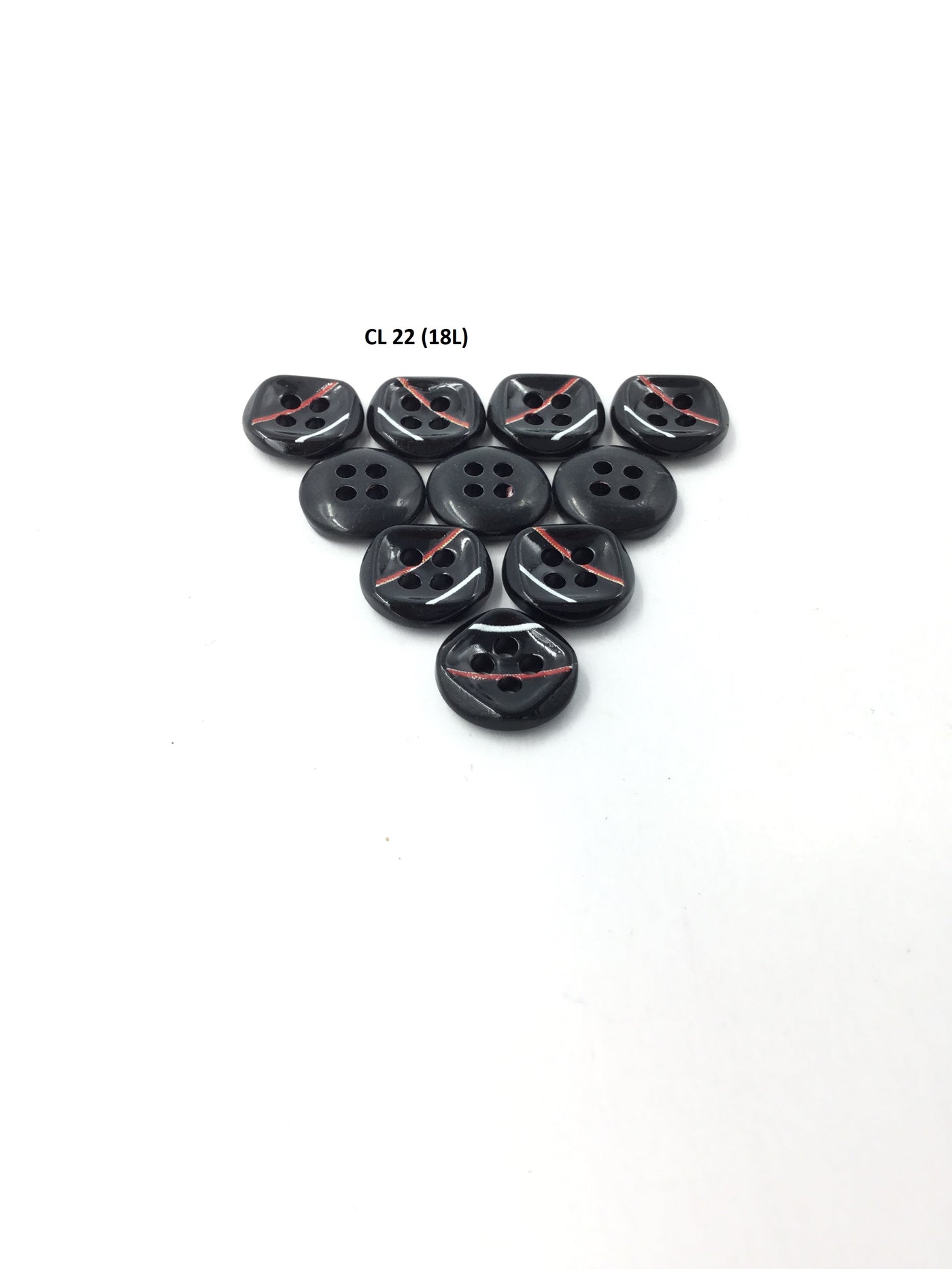 Black Circular Plastic Shirt Buttons with Red and White Lines