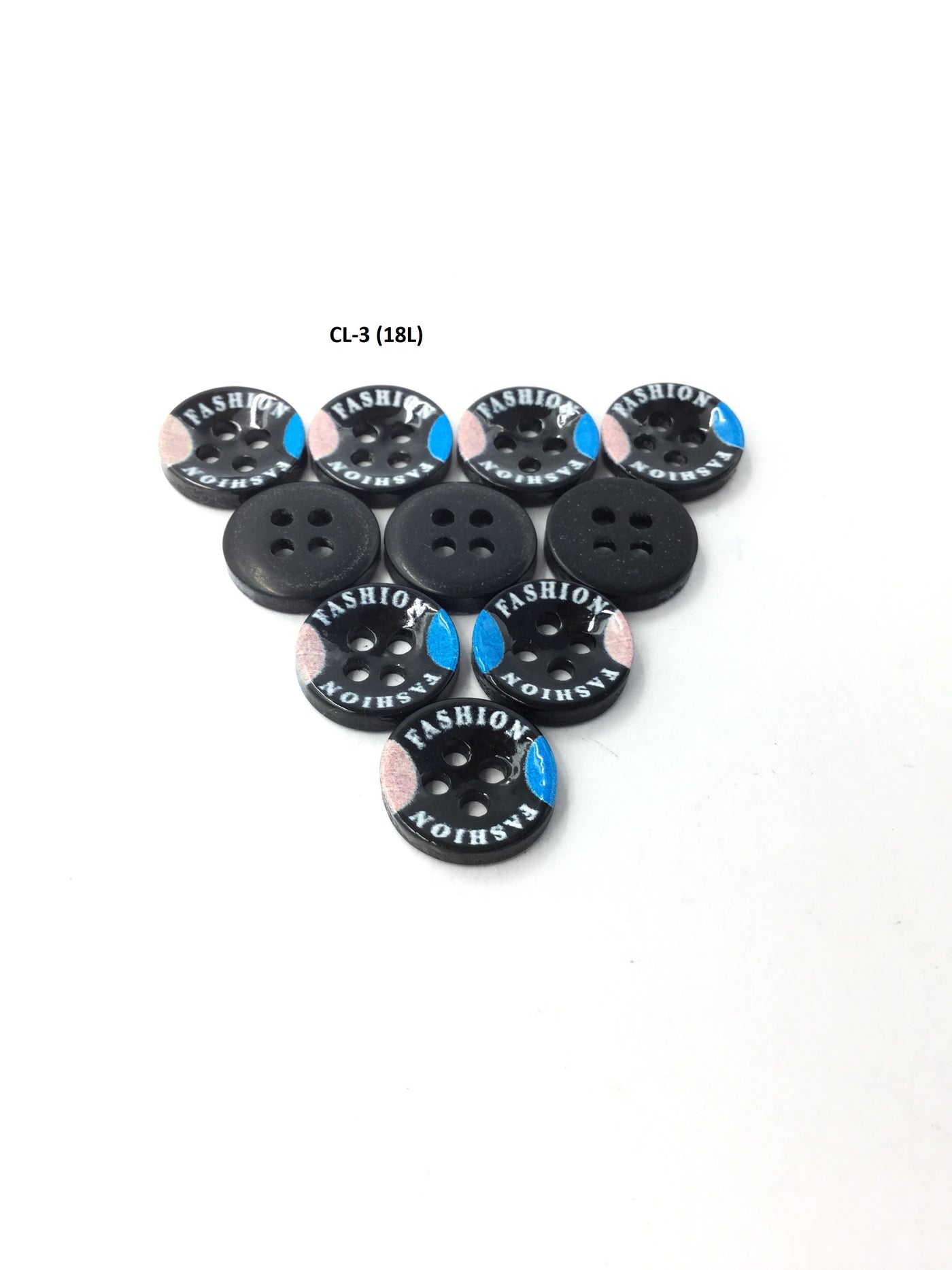 Black Circular Plastic Shirt Buttons with Blue and Pink Design