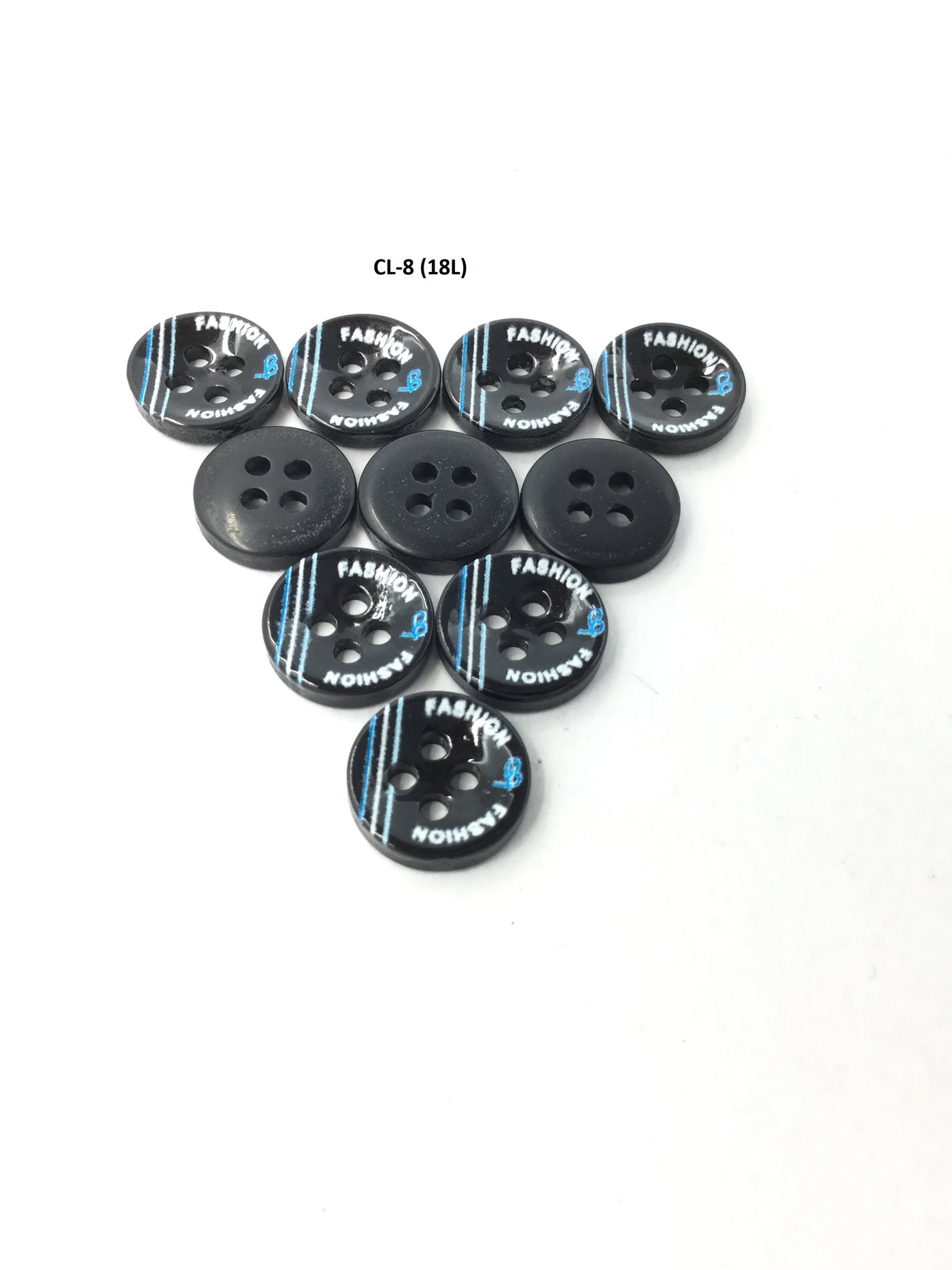 Black Circular Plastic Shirt Buttons with Blue and White Stripes