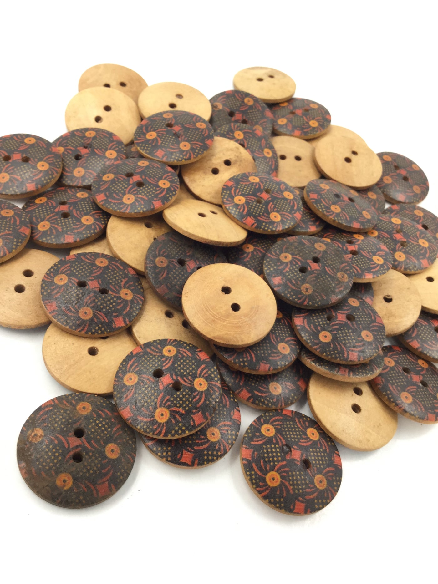 Dark Brown 2-Hole Circular Wooden Buttons with Orange Design