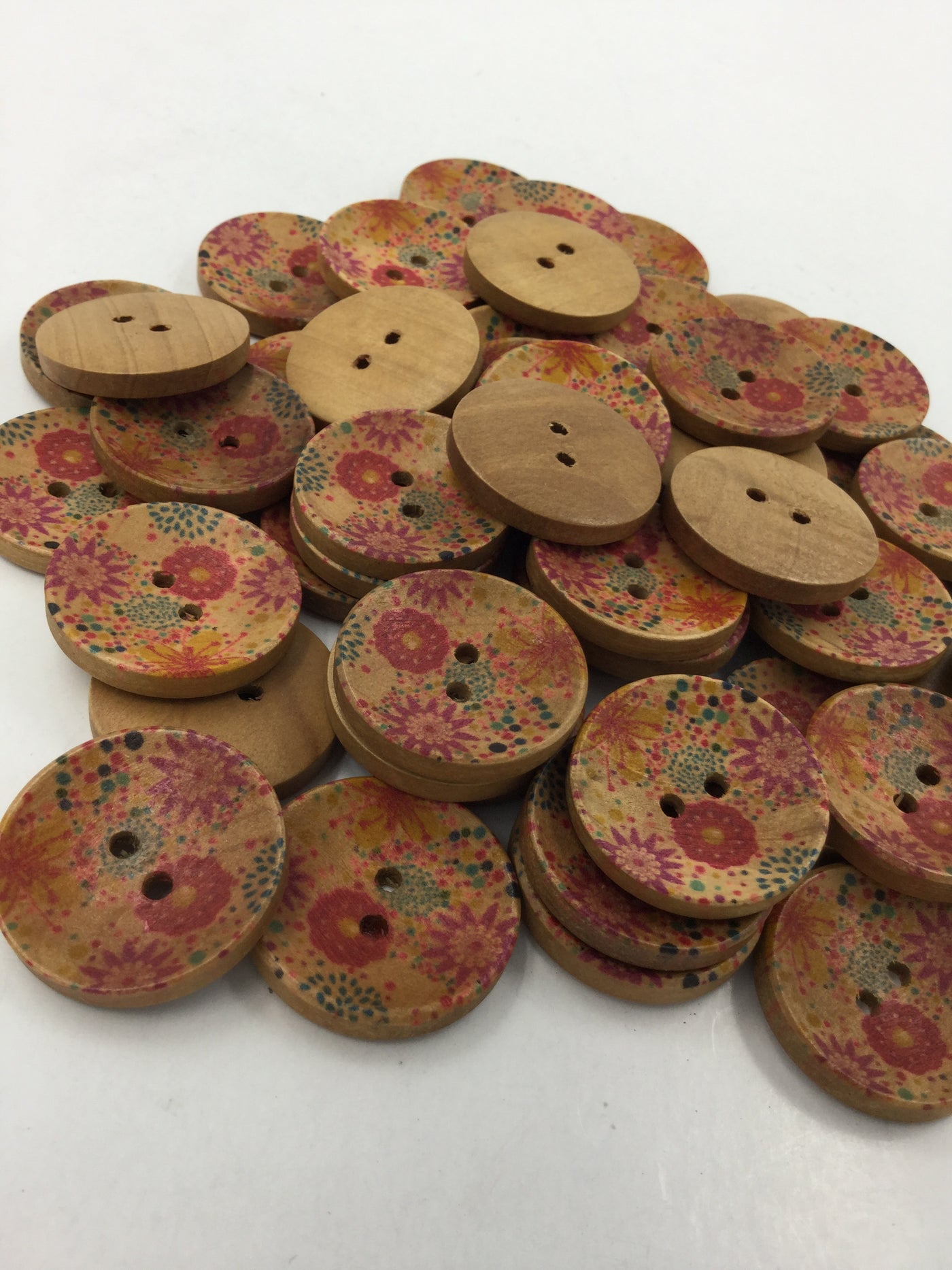 Brown Multicolour Floral Design 2-Hole Circular Wooden Buttons