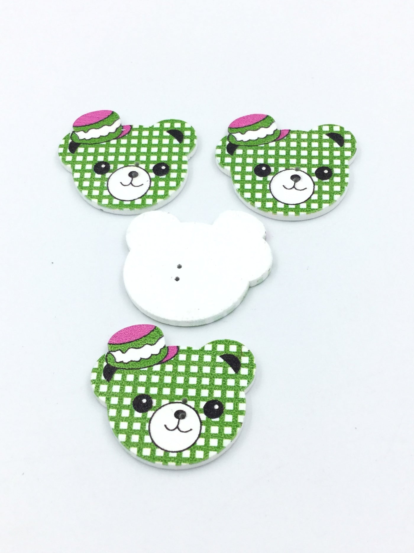 White and Green Checks Teddy Bear Wooden Buttons