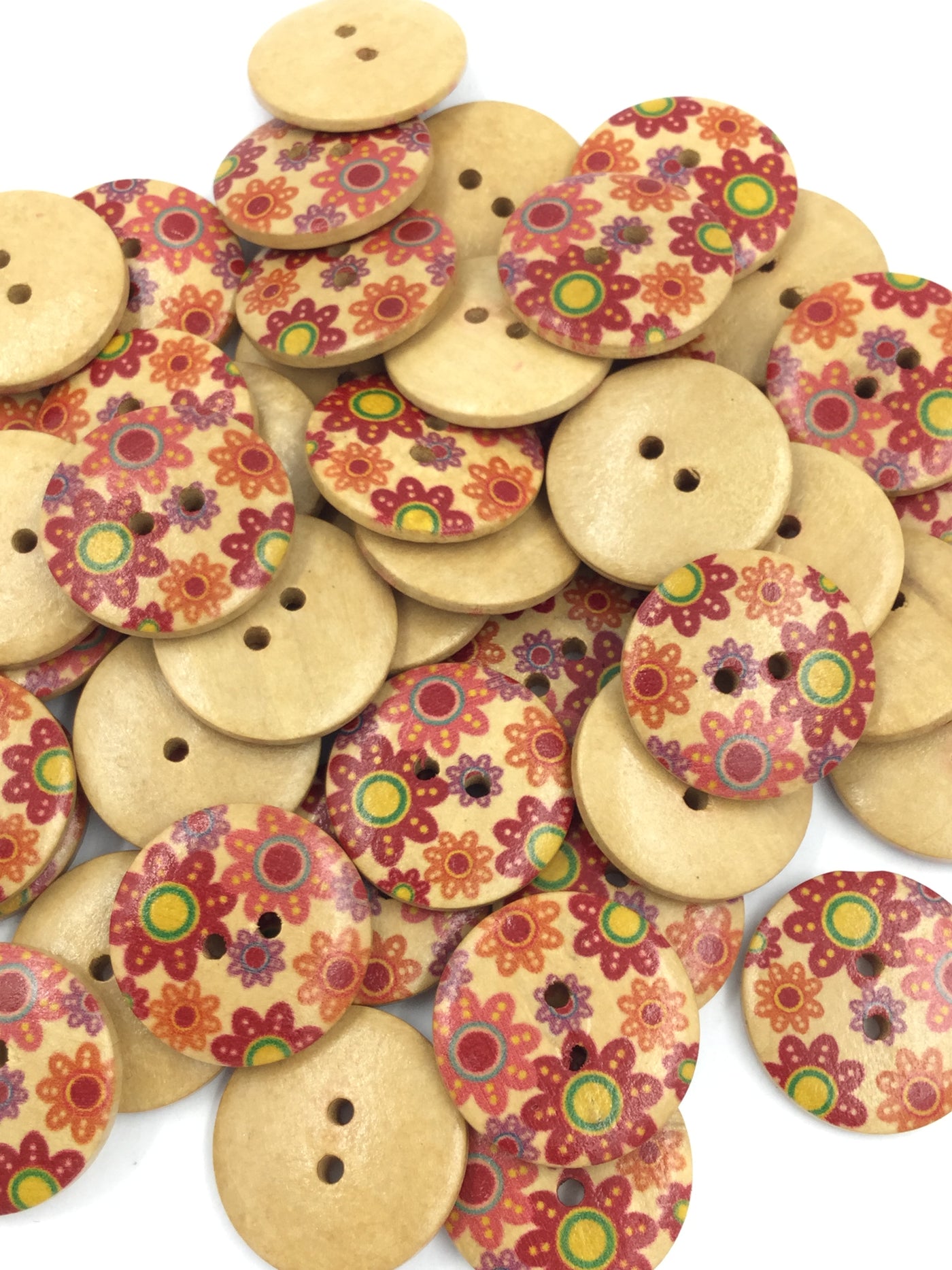 Multicolour Floral Design 2-Hole Circular Wooden Buttons