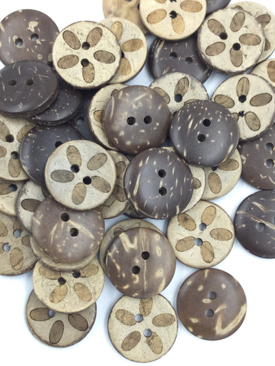 Off White 2-Hole Circular Wooden Buttons with Brown Design