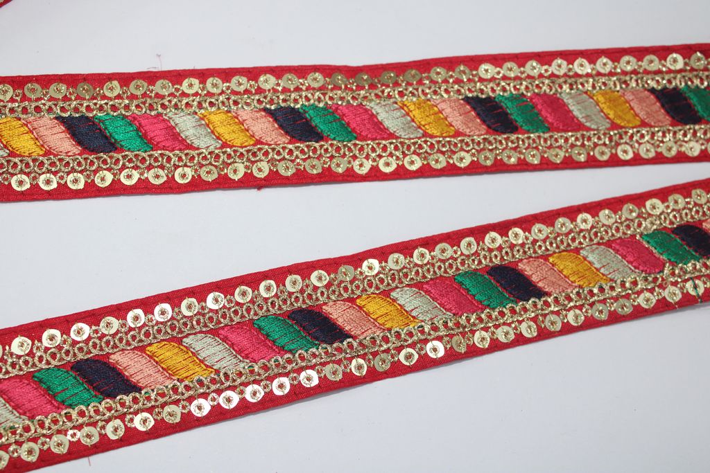 Red Multicolor Embroidery Work Lace