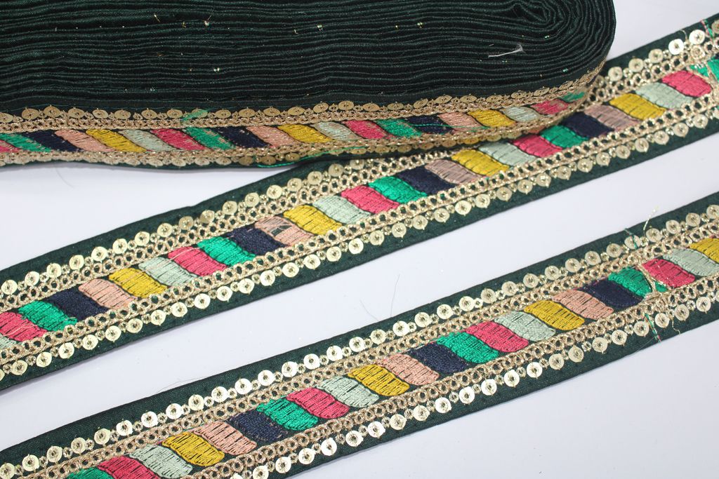 Dark Green Multicolor Embroidery Work Lace