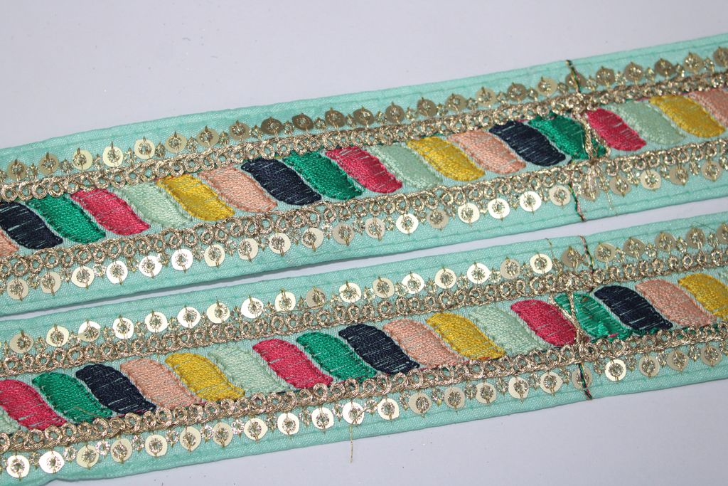 Turquoise Multicolor Embroidery Work Lace