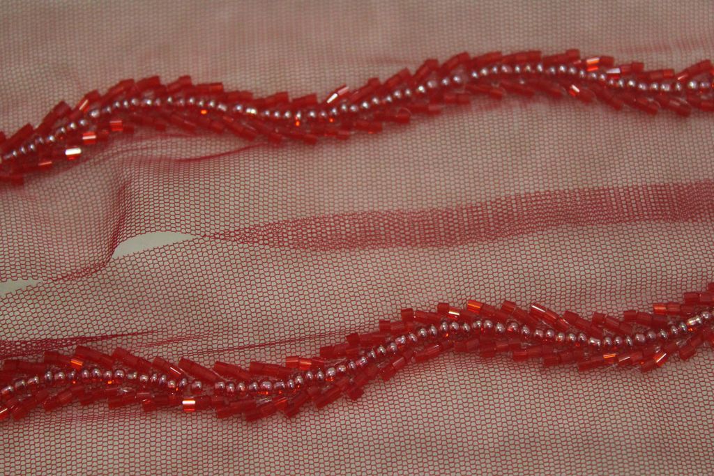 Red Cutdana Beads Embroidered Border