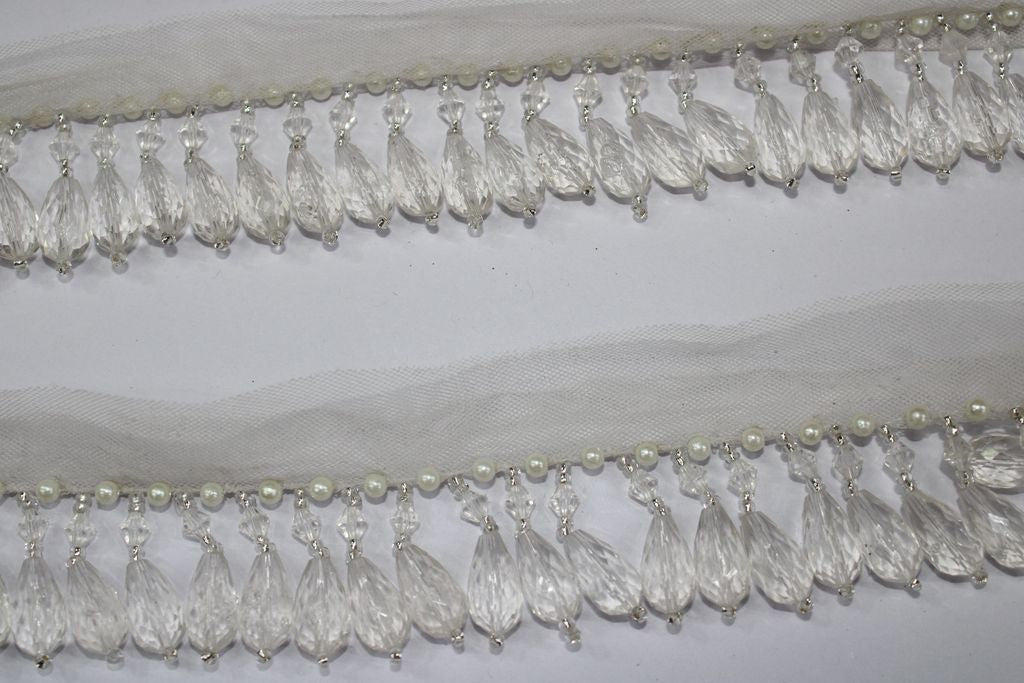 White Fancy Drop Crystal Beads Work Fringe Lace