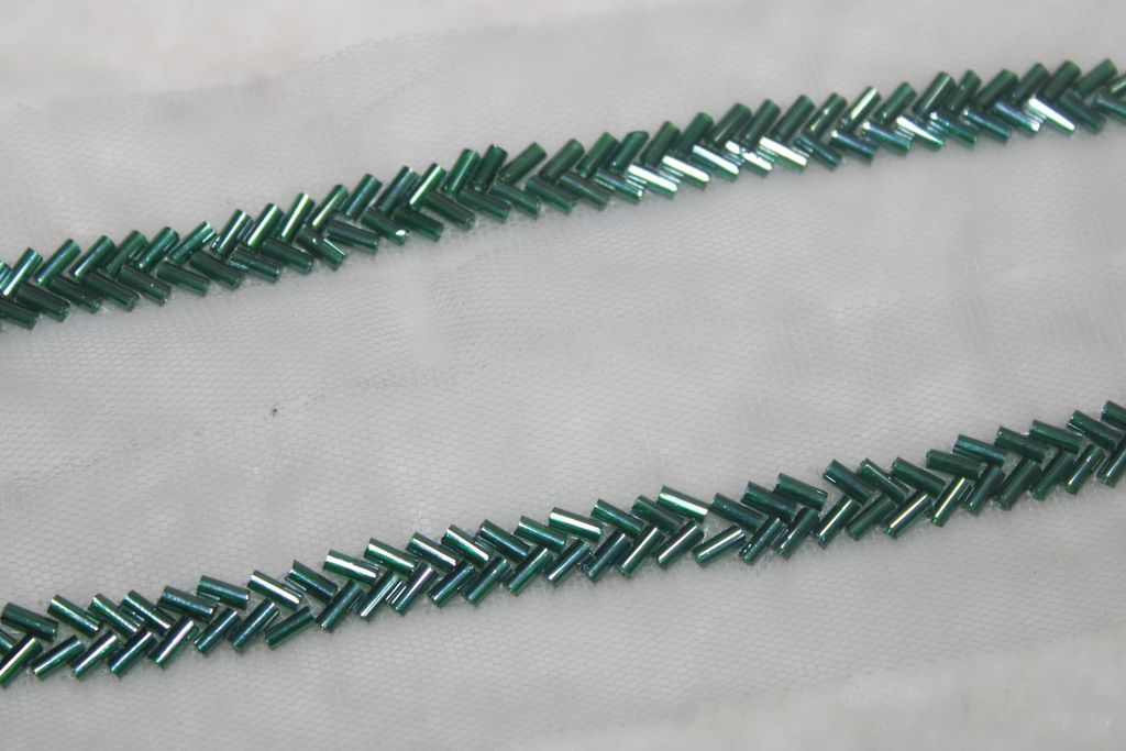 Green Cutdana Beads Embroidered Border