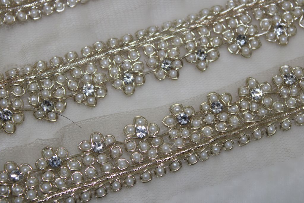 Floral Pearl Golden Handwork Trim