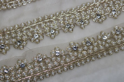 Floral Pearl Golden Handwork Trim