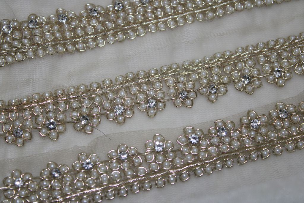 Floral Pearl Golden Handwork Trim