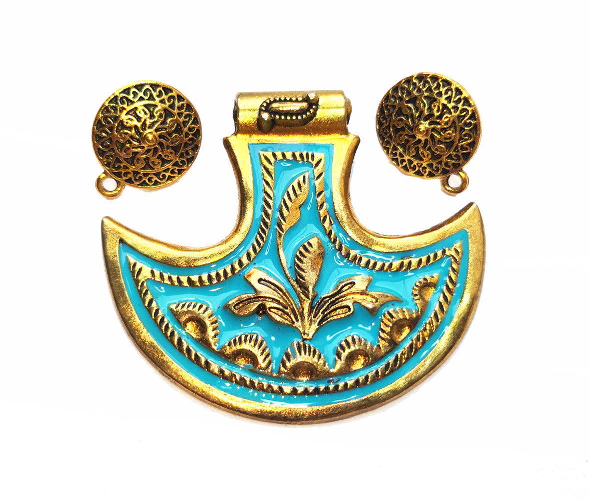 Cyan And Golden Enamel Pendant Set