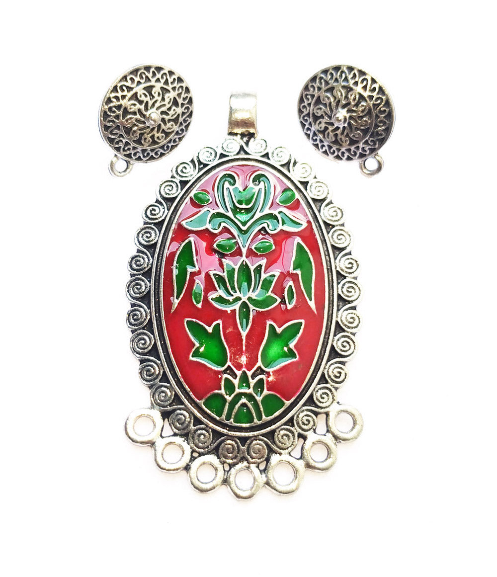 Reddish Pink and Green Enamel Pendant And Studs