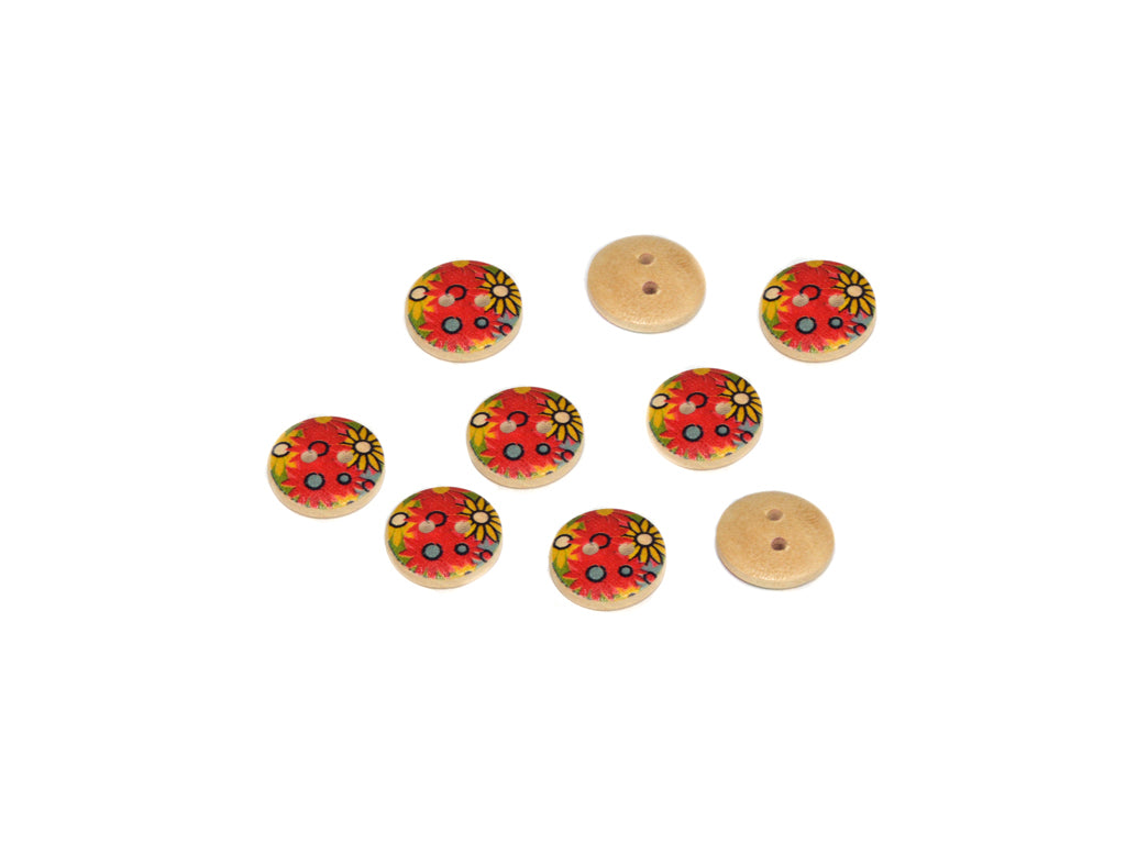 Red Yellow Floral Printed 2 Hole Wooden Buttons