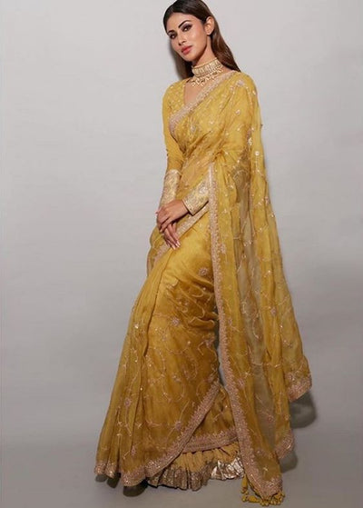 Yellow Floral Embroidered Organza Silk Fabric