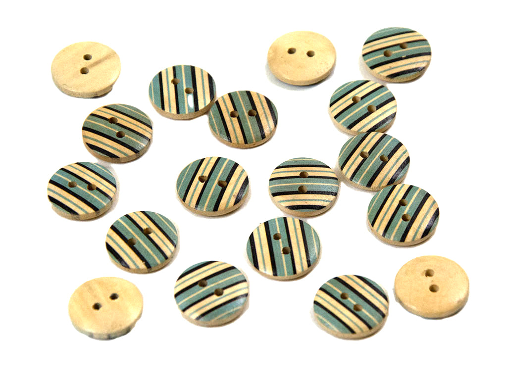 Sea Green and Black Stripes Printed 2 Hole Wooden Buttons