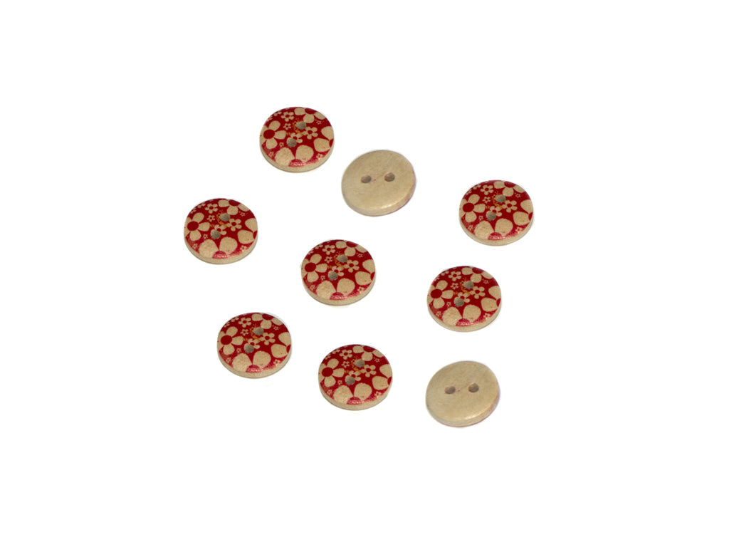 Red Floral Printed 2 Hole Wooden Buttons