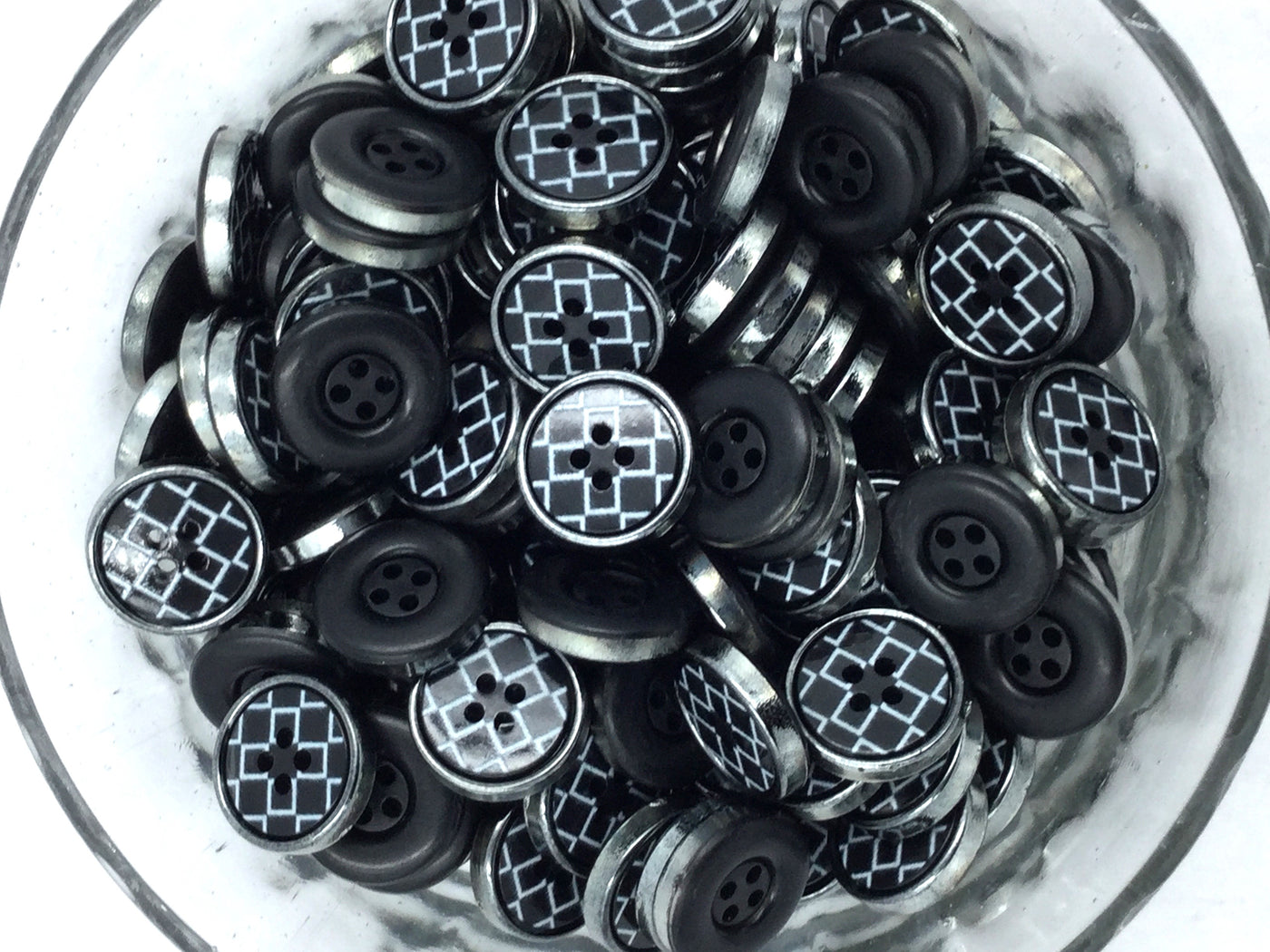 Black 4-Hole Plastic Shirt Buttons with White Checks