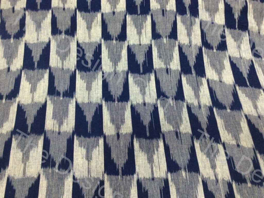Blue Cream / Off White Checkered Arrows Design Cotton Ikat Fabric (614399868962)