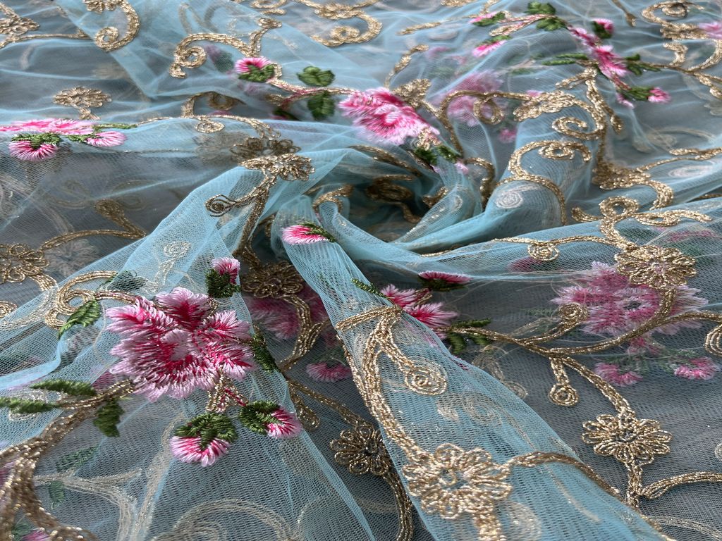 Light Blue Embroidered Net Fabric