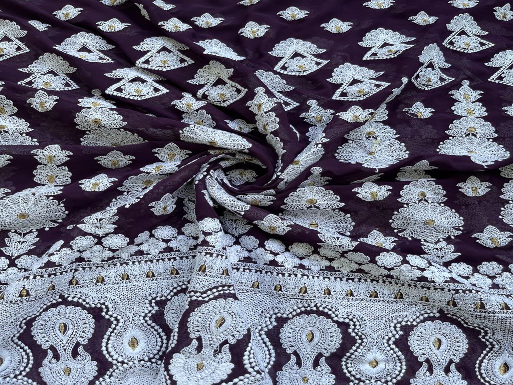 Purple White Lakhnawi Embroidered Georgette Fabric