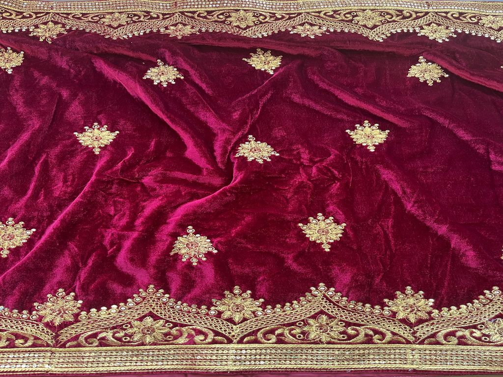 Precut 2.35 Meters Maroon Heavy Embroidered Golden Zari & Sequins Work  with 4 Sided Border Velvet Fabric