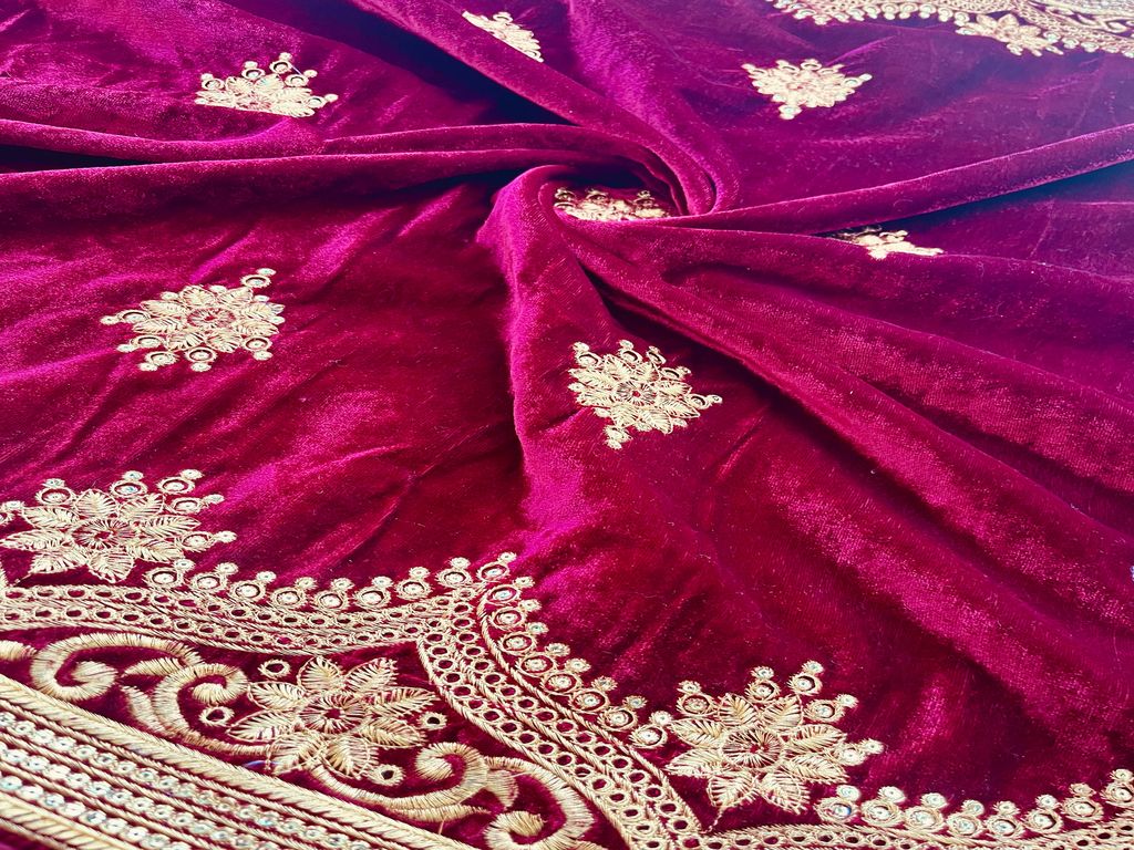 Precut 2.35 Meters Maroon Heavy Embroidered Golden Zari & Sequins Work  with 4 Sided Border Velvet Fabric