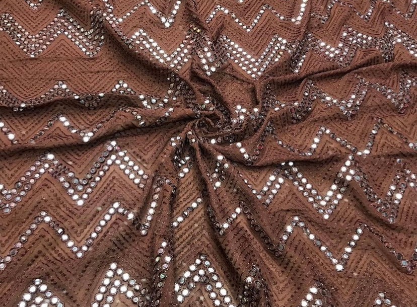 brown-chevron-mirror-work-embroidered-viscose-georgette-fabric