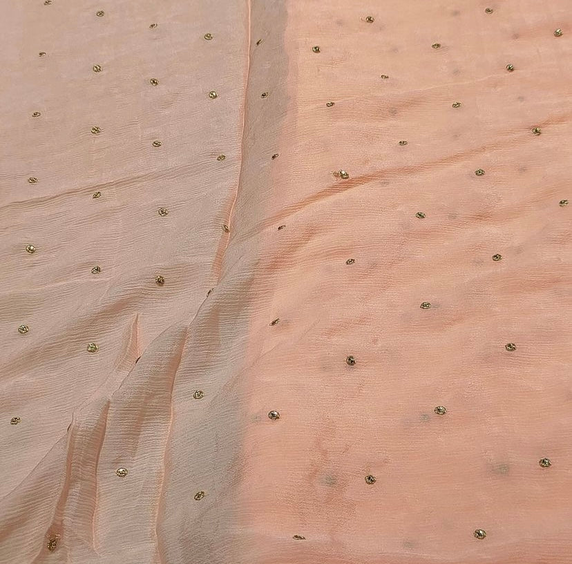 Peach Polka Butti Embroidered Viscose Chiffon Fabric