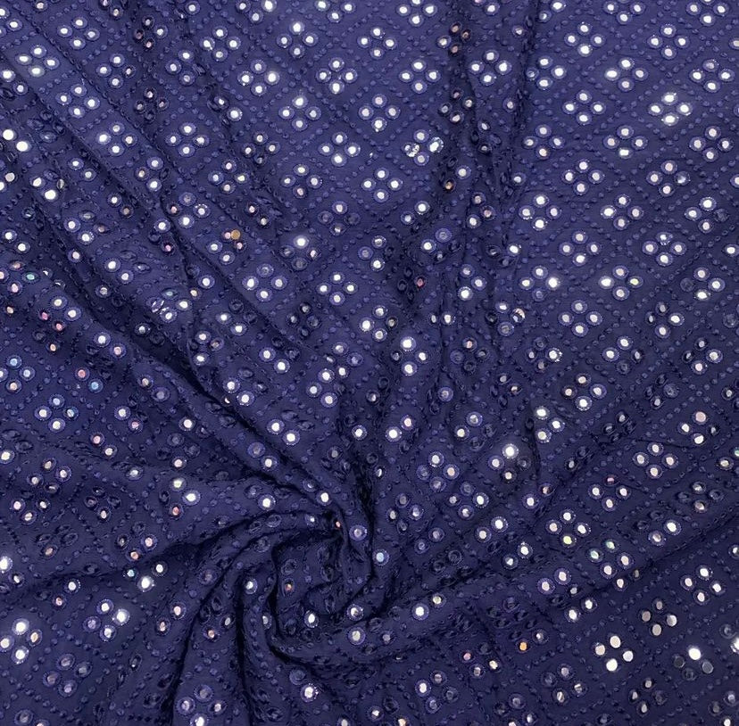 Navy Blue Geometric Mirror Embroidered Viscose Georgette Fabric