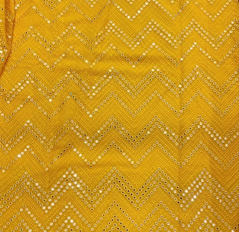 Mustard Chevron Mirror Embroidered Dyeable Viscose Georgette Fabric
