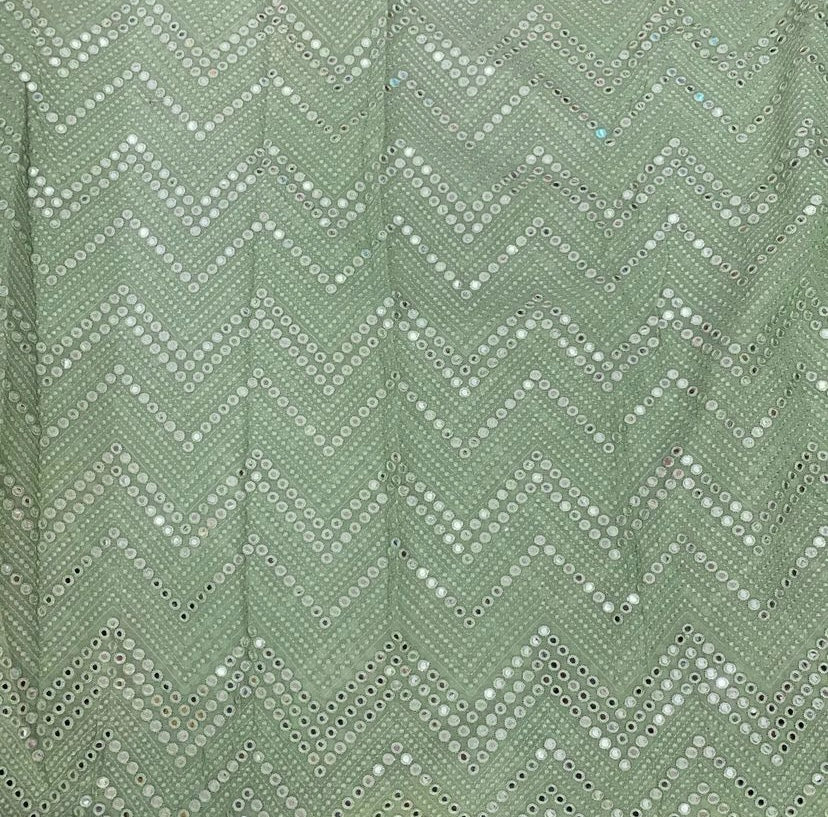 Green Chevron Mirror Embroidered Dyeable Viscose Georgette Fabric