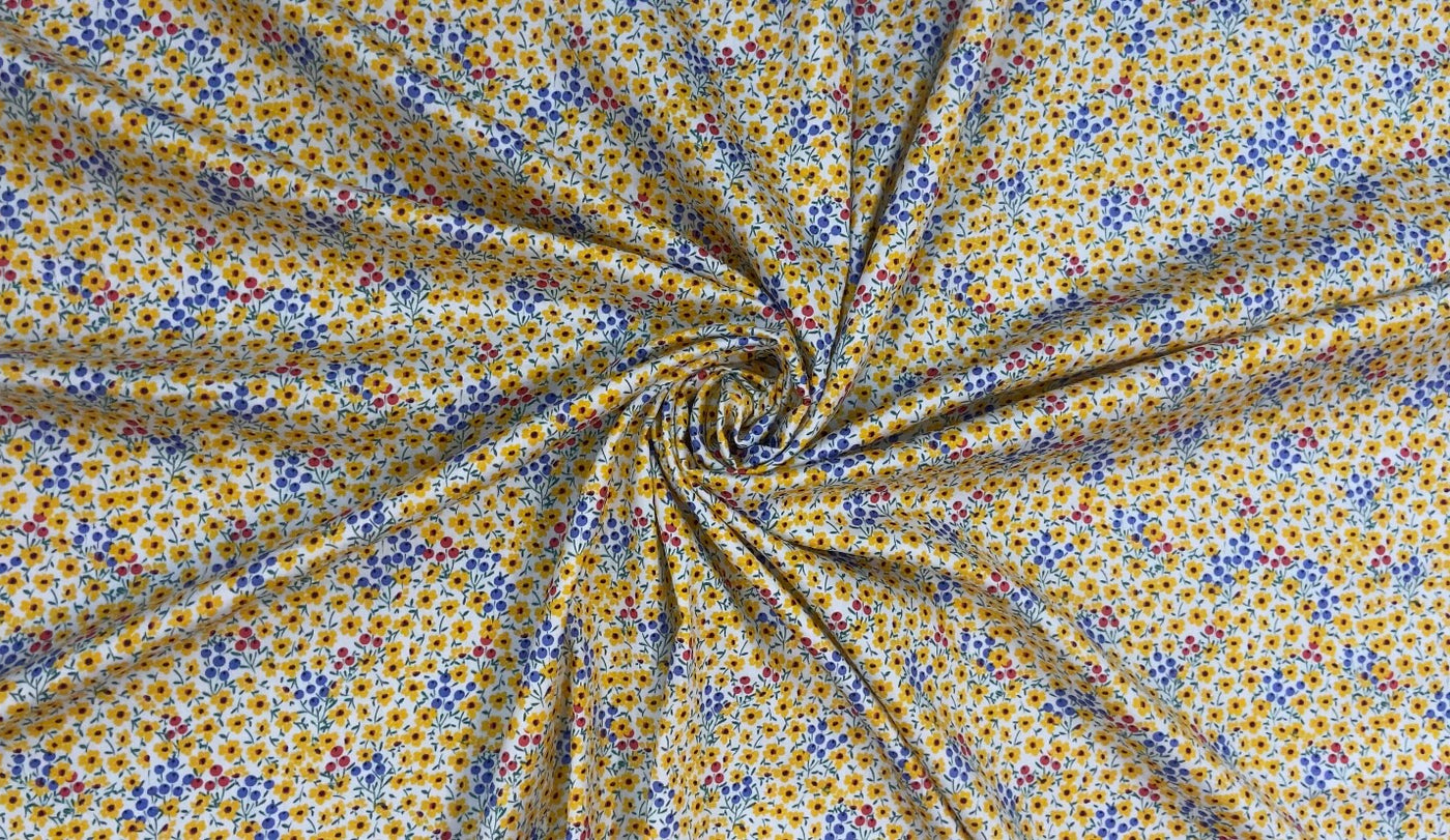 Yellow & Blue Cotton Satin Floral Digital Printed Fabric