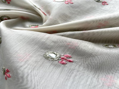 Off White Motifs Embroidered Chanderi Faux Mirror Fabric