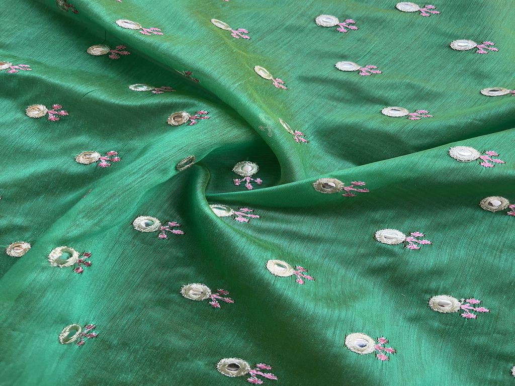 Green Chanderi with Faux Mirror Work Embroidered Motifs