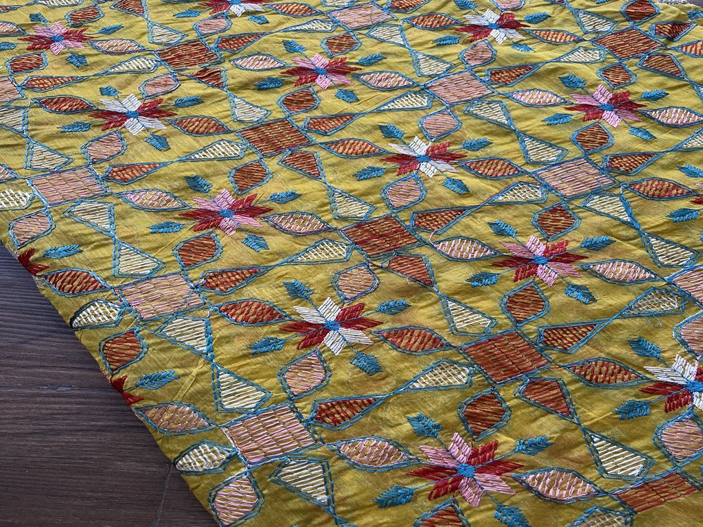 Yellow Multicolored Kantha Work Embroidered Chanderi Fabric