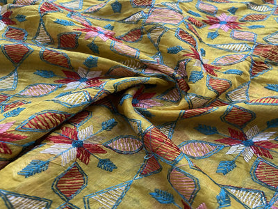 Yellow Multicolored Kantha Work Embroidered Chanderi Fabric