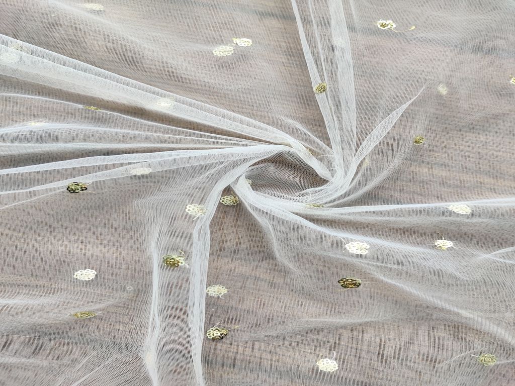 White Dyeable Mono Net With Golden Sequins Net Fabric