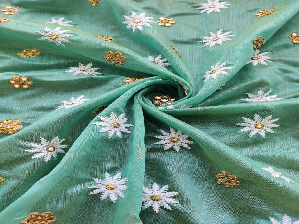 sea-blue-lakhnawi-flowers-embroidered-chanderi-fabric-with-mirror-work