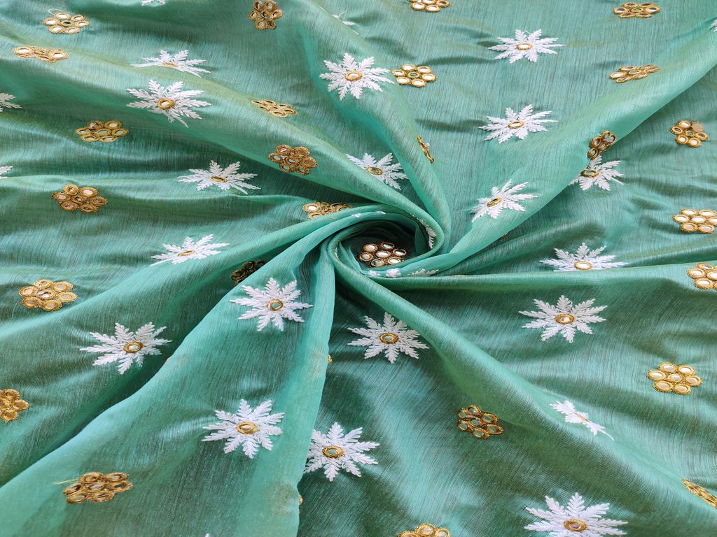 sea-blue-lakhnawi-flowers-embroidered-chanderi-fabric-with-mirror-work