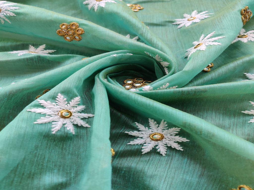 sea-blue-lakhnawi-flowers-embroidered-chanderi-fabric-with-mirror-work