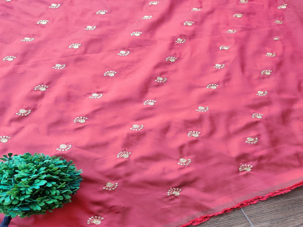 rust-red-golden-floral-motifs-embroidered-taffeta-silk-fabric