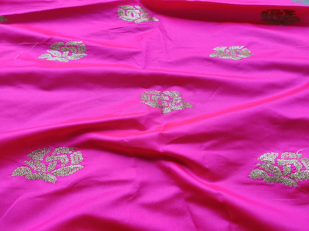 hot-pink-golden-sequins-flowers-embroidered-taffeta-silk-fabric