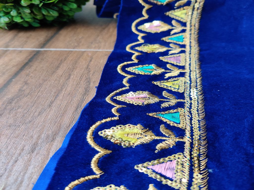 Navy Blue Thread & Sequins Velvet Embroidered Border