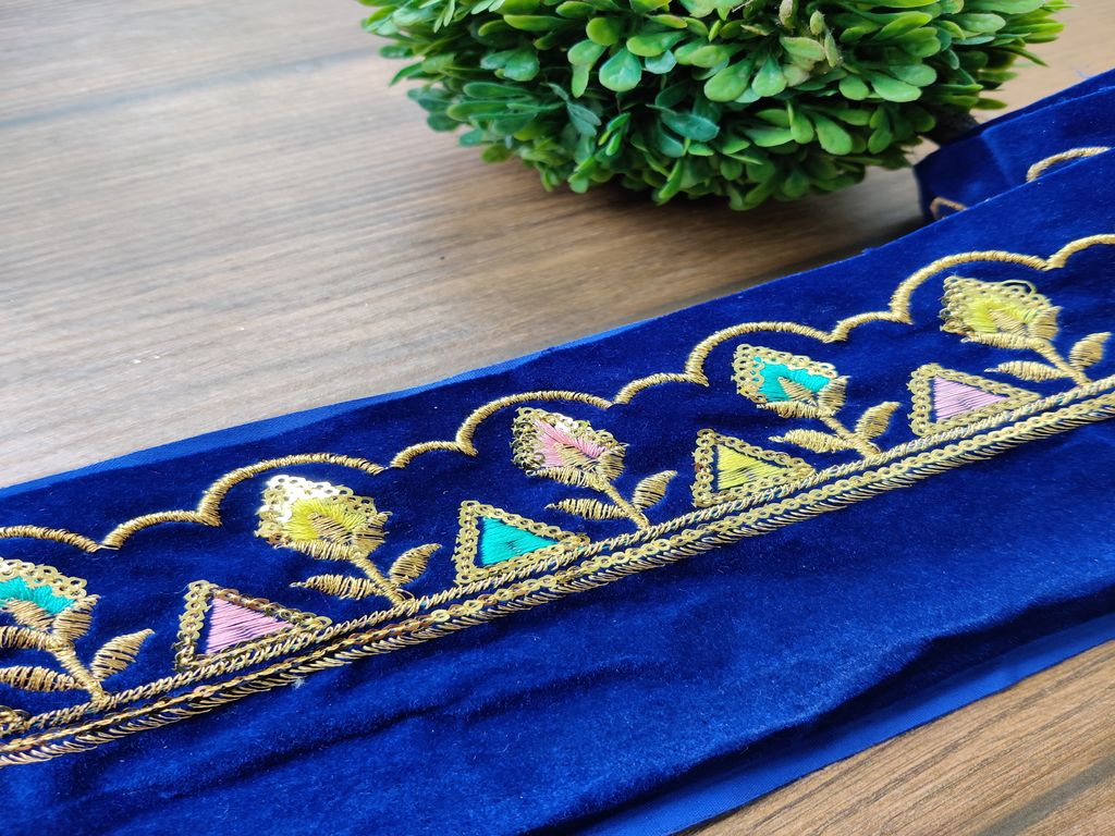 Navy Blue Thread & Sequins Velvet Embroidered Border